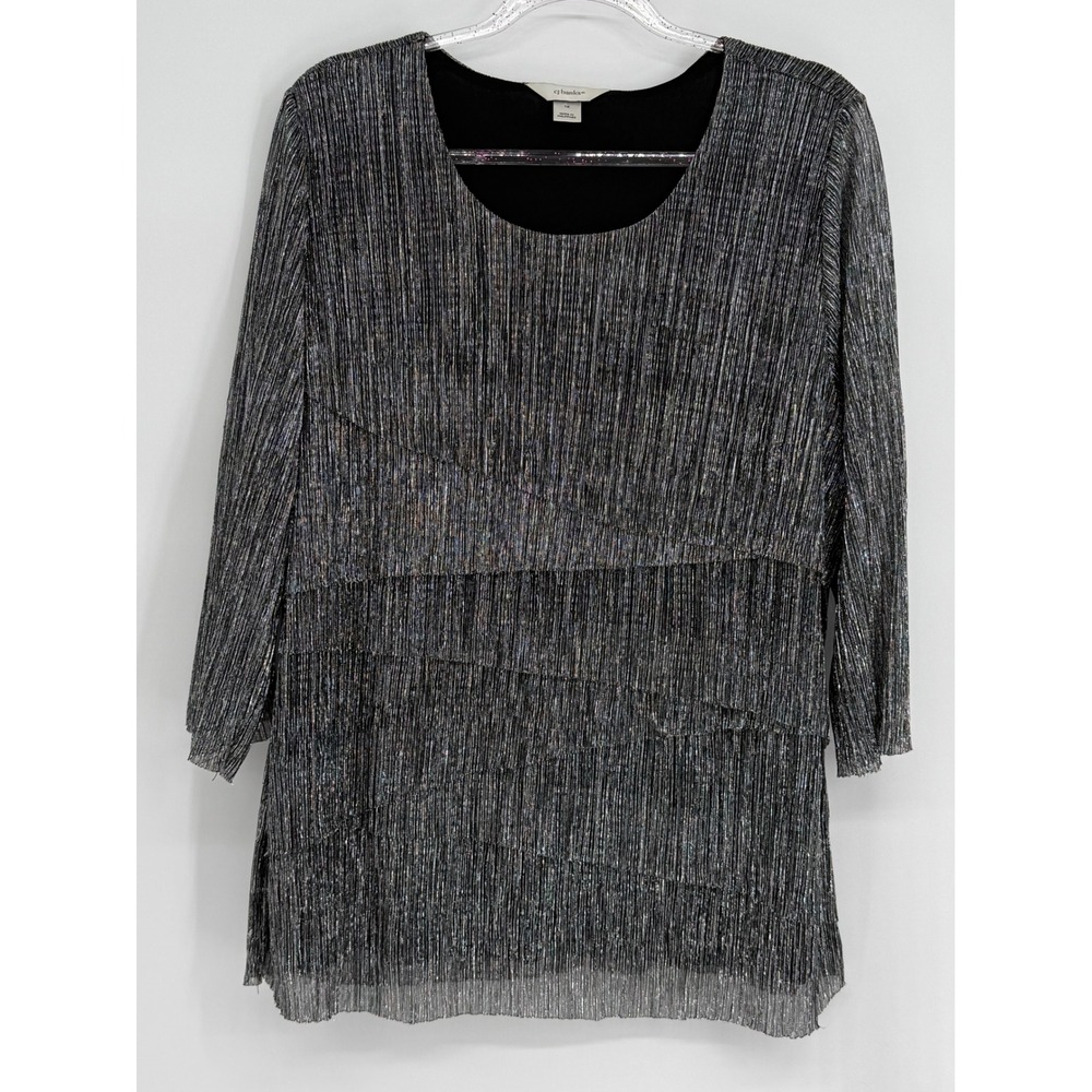 CJ‎ Banks Womens Silver Metallic Tiered Plisse 3/4 Sleeve Evening Blouse Sz 1X